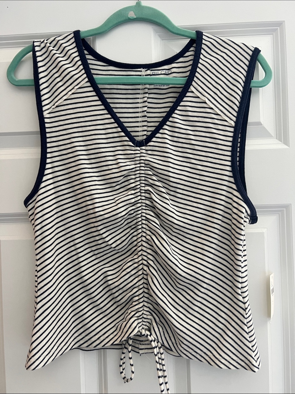 Anthropologie - Pilcro White & Navy Striped V-Neck Drawcord Tank